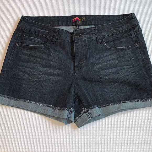Folded Cuff Raw Edge 5 Pocket Dark Wash Denim Shorts - Picture 5 of 16